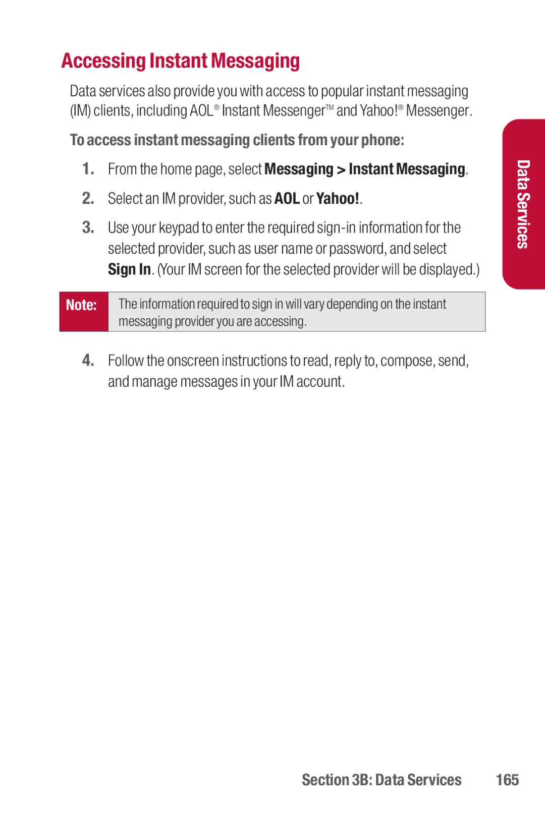 Sanyo II manual Accessing Instant Messaging, To access instant messaging clients from your phone, 165 