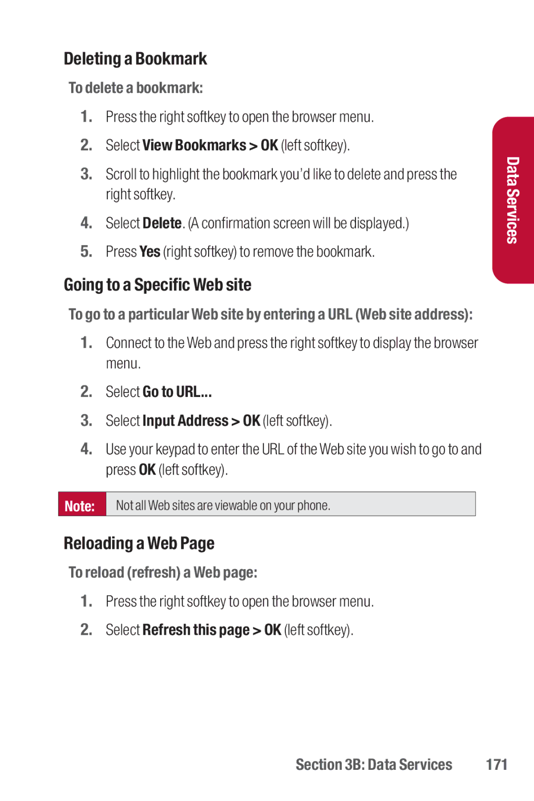 Sanyo II manual Deleting a Bookmark, Going to a Specific Web site, Reloading a Web 