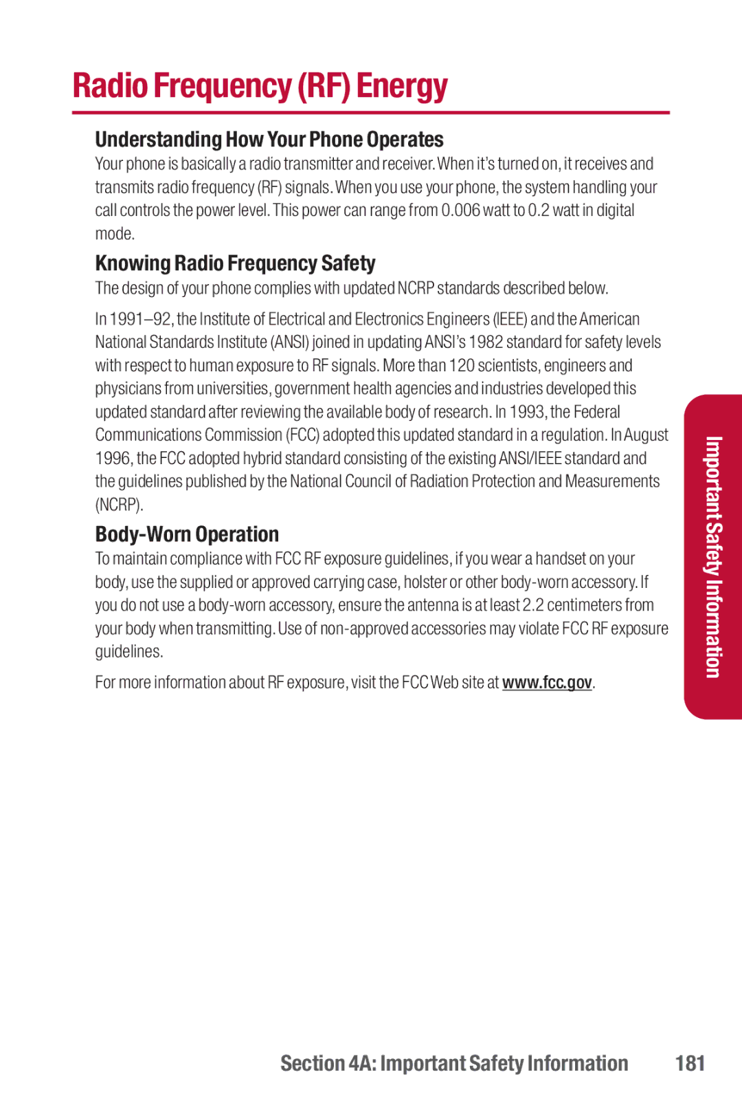 Sanyo II manual Radio Frequency RF Energy, Understanding How Your Phone Operates, Knowing Radio Frequency Safety, 181 