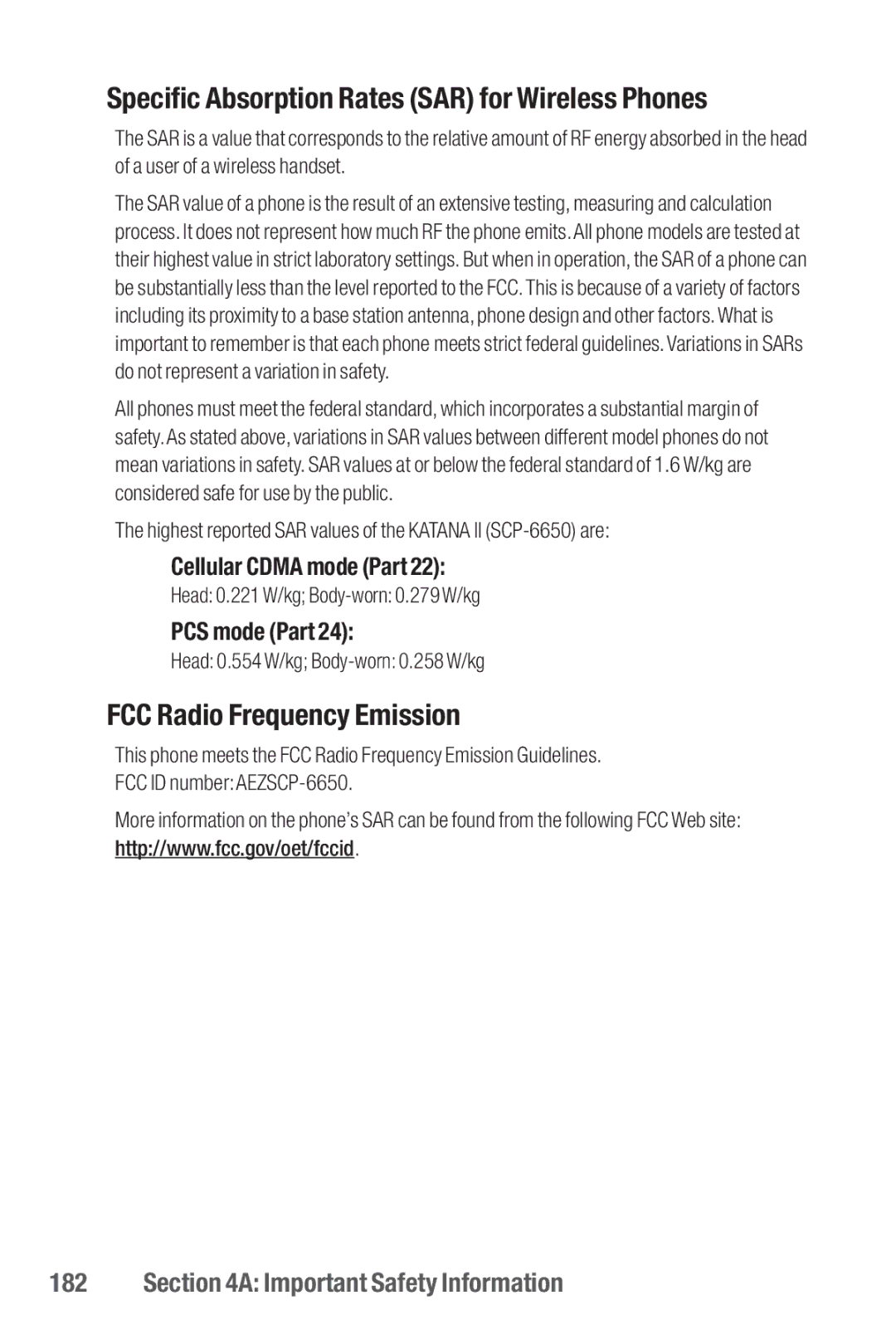 Sanyo II manual Specific Absorption Rates SAR for Wireless Phones, FCC Radio Frequency Emission, Cellular Cdma mode Part 