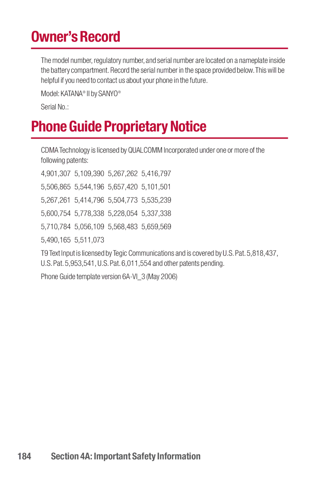 Sanyo II manual Owner’s Record, Phone Guide Proprietary Notice 