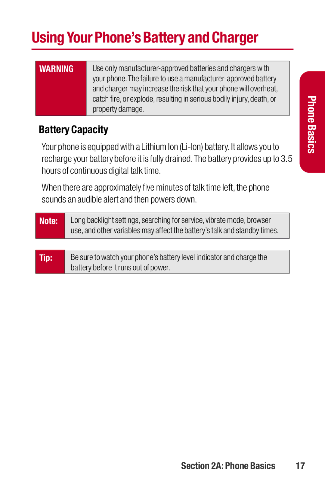 Sanyo II manual Using Your Phone’s Battery and Charger, Battery Capacity 