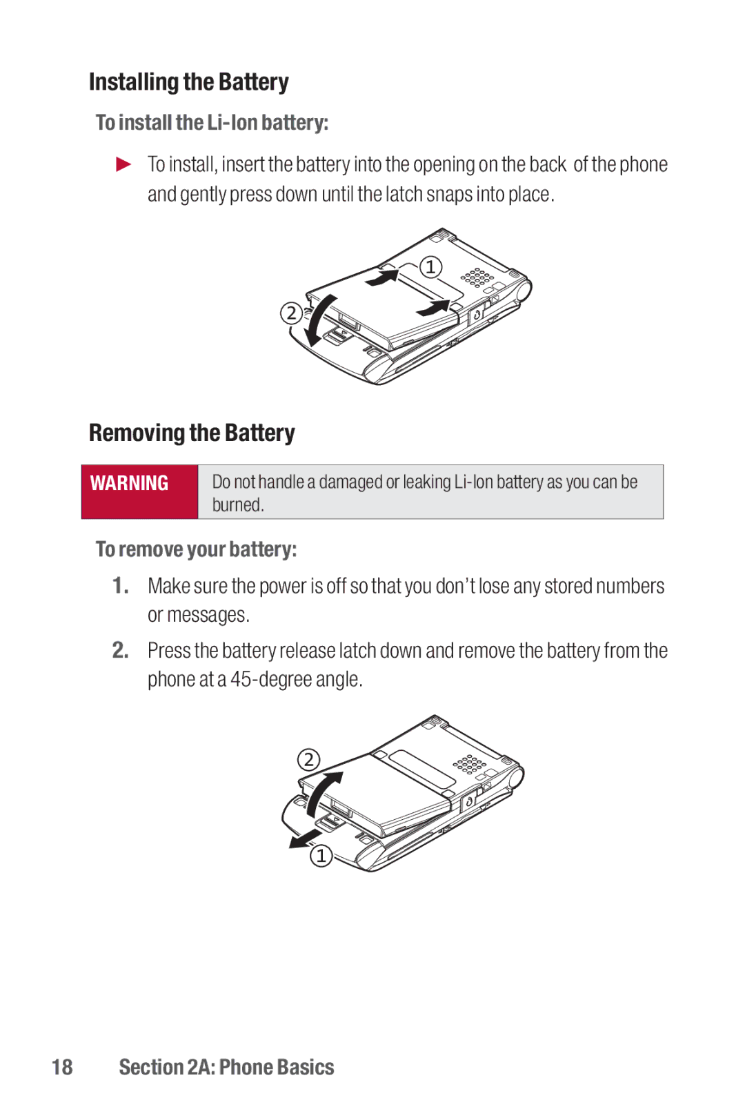 Sanyo II manual Installing the Battery, Removing the Battery, To install the Li-Ion battery, To remove your battery 