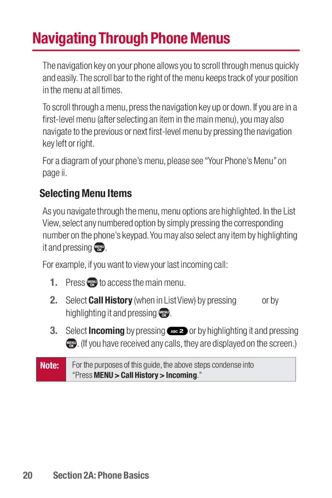 Sanyo II manual Navigating Through Phone Menus, Selecting Menu Items 