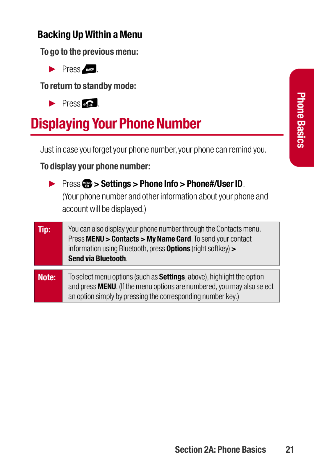 Sanyo II Displaying Your Phone Number, Backing Up Within a Menu, To go to the previous menu, To return to standby mode 