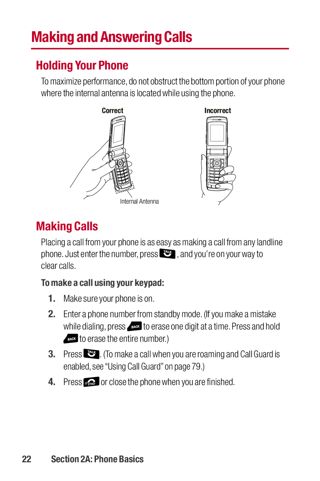 Sanyo II manual Making and Answering Calls, Holding Your Phone, Making Calls, To make a call using your keypad 