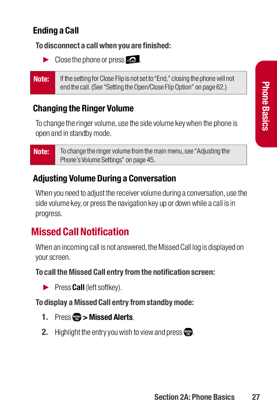 Sanyo II manual Missed Call Notification, Ending a Call, Changing the Ringer Volume, Adjusting Volume During a Conversation 