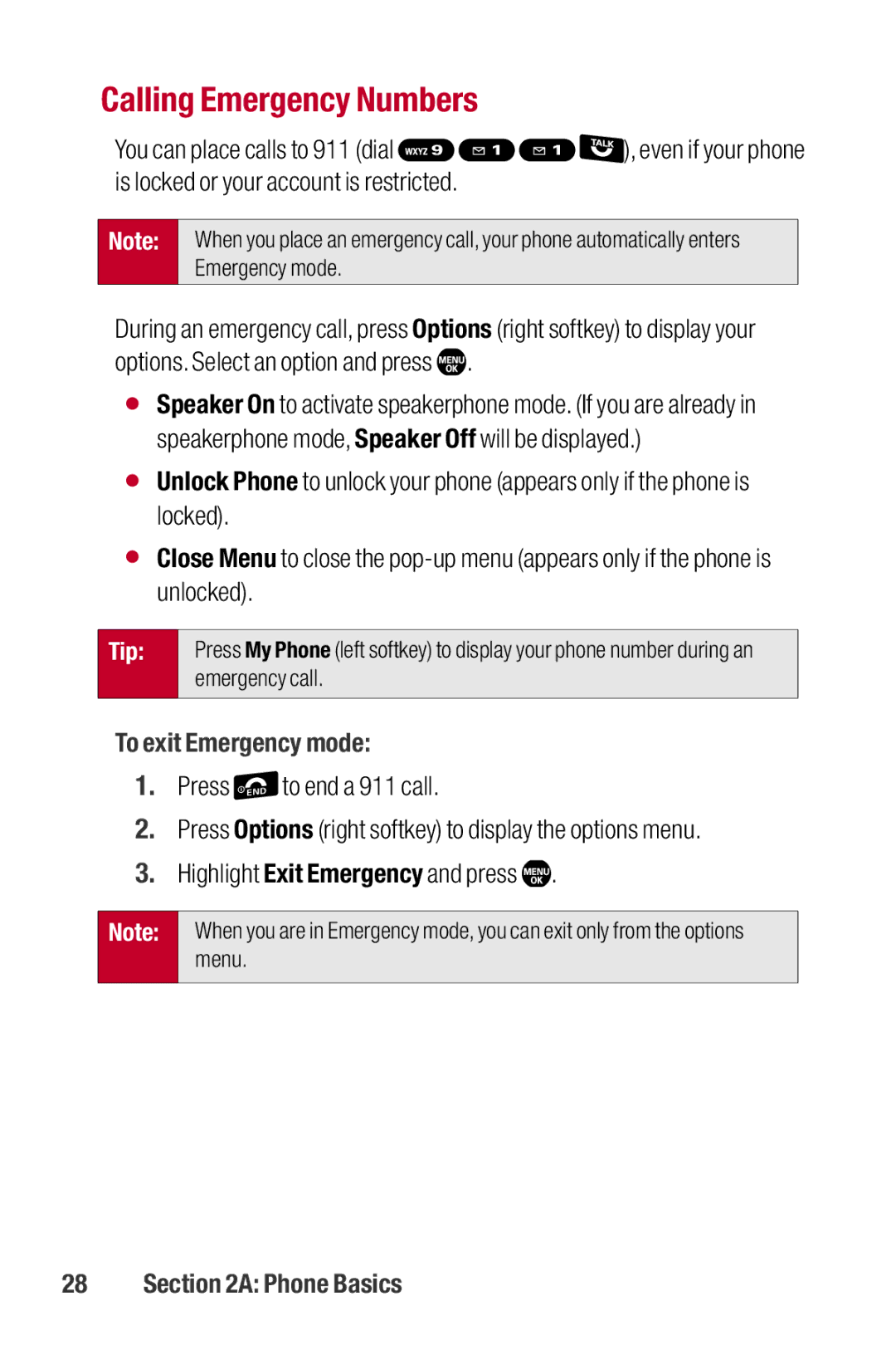 Sanyo II manual Calling Emergency Numbers, To exit Emergency mode 