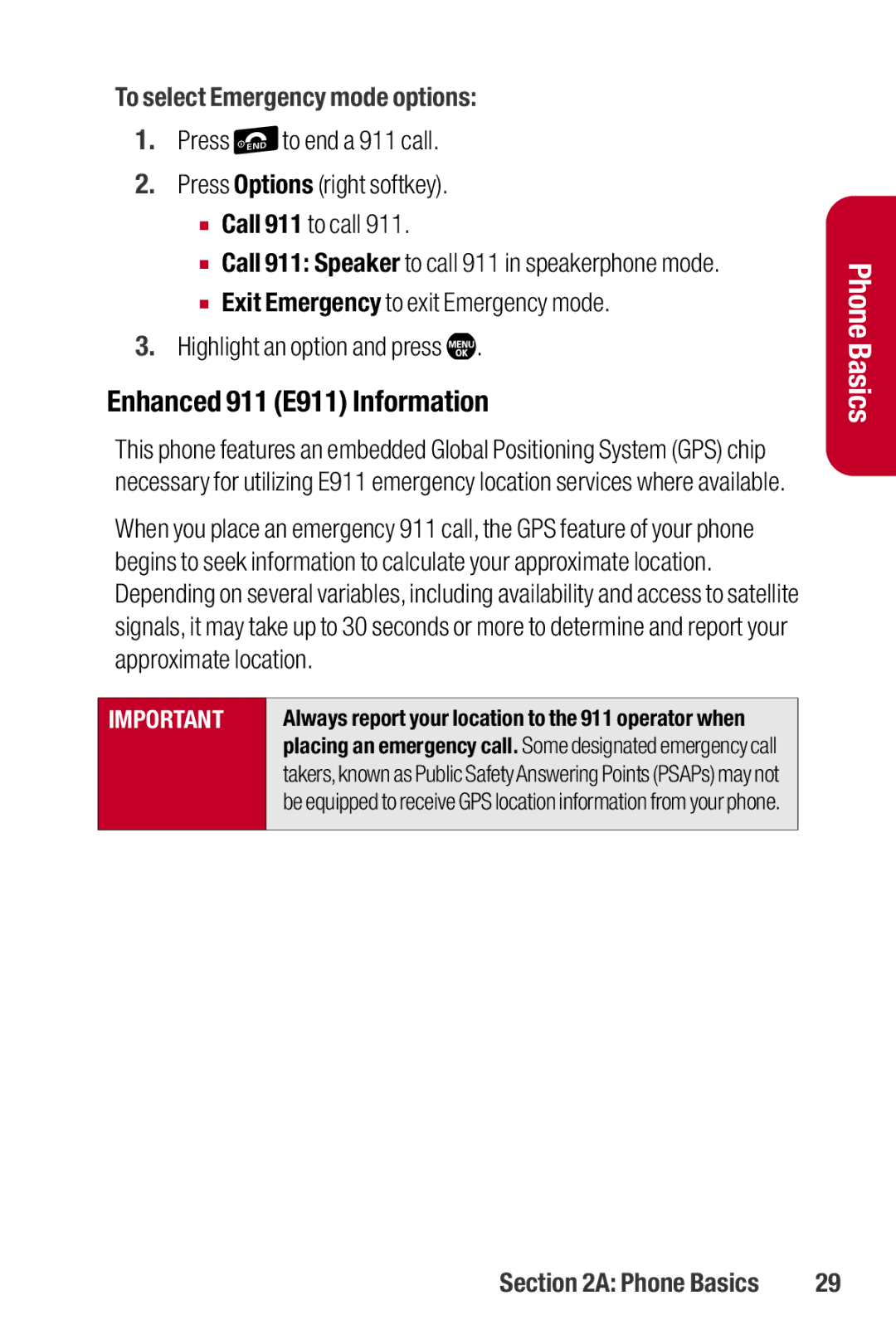 Sanyo II manual Enhanced 911 E911 Information, To select Emergency mode options 