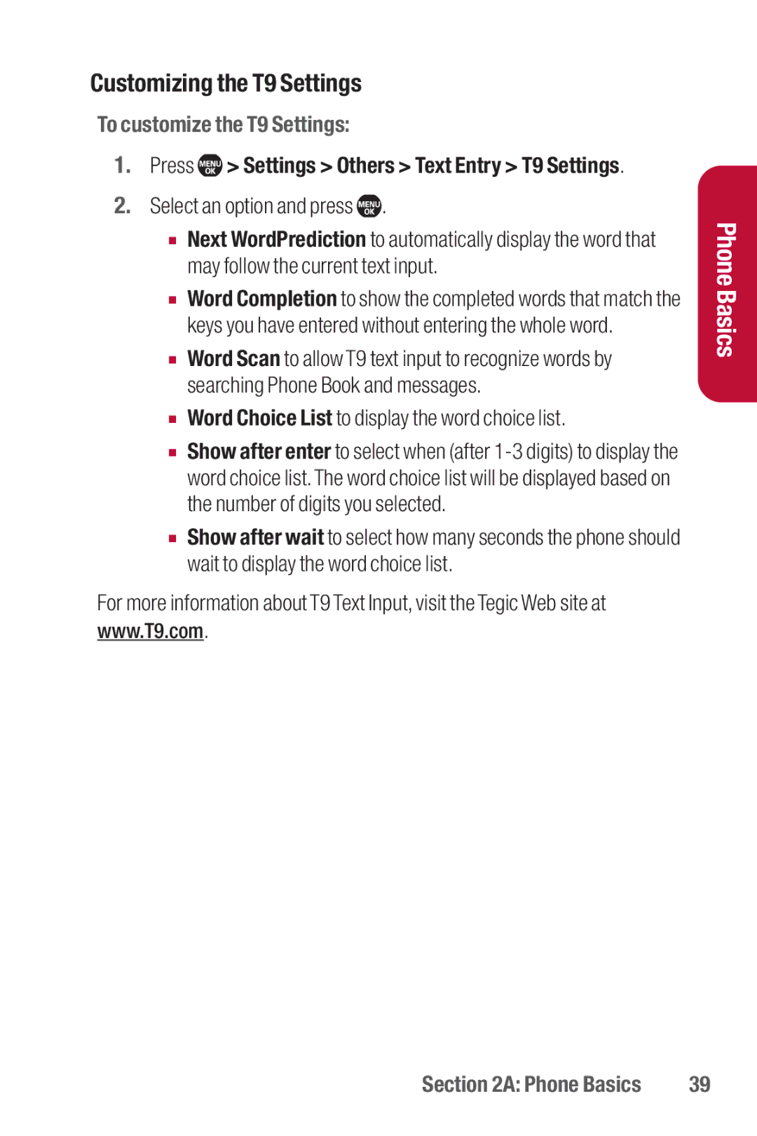 Sanyo II manual Customizing the T9 Settings, To customize the T9 Settings, Word Choice List to display the word choice list 