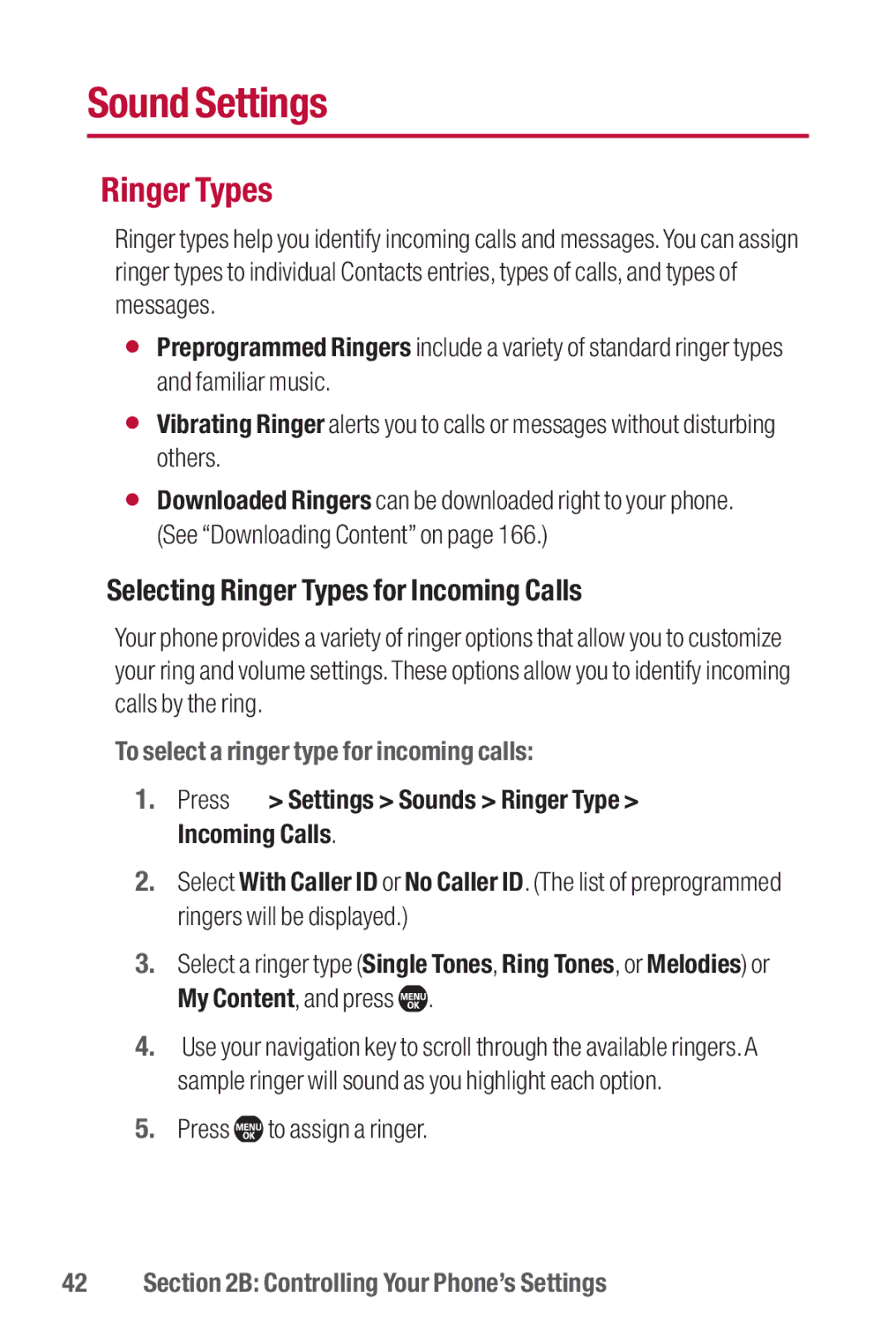 Sanyo II manual Sound Settings, Selecting Ringer Types for Incoming Calls, To select a ringer type for incoming calls 