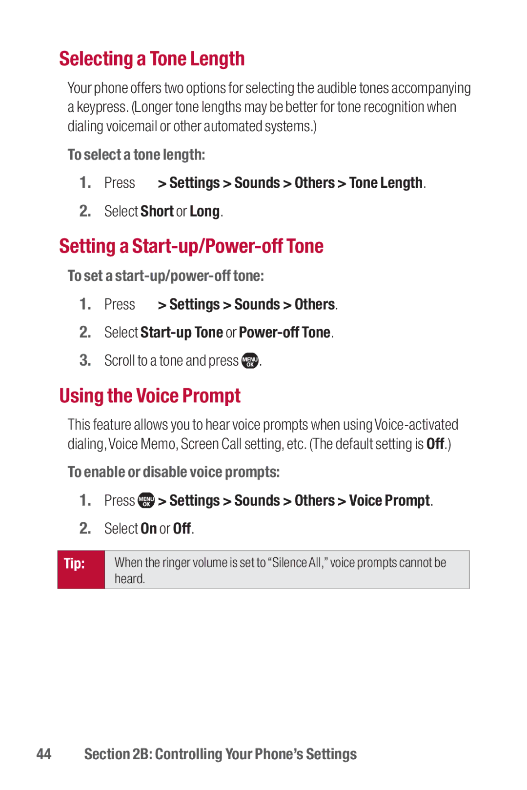 Sanyo II manual Selecting a Tone Length, Setting a Start-up/Power-off Tone, Using the Voice Prompt 