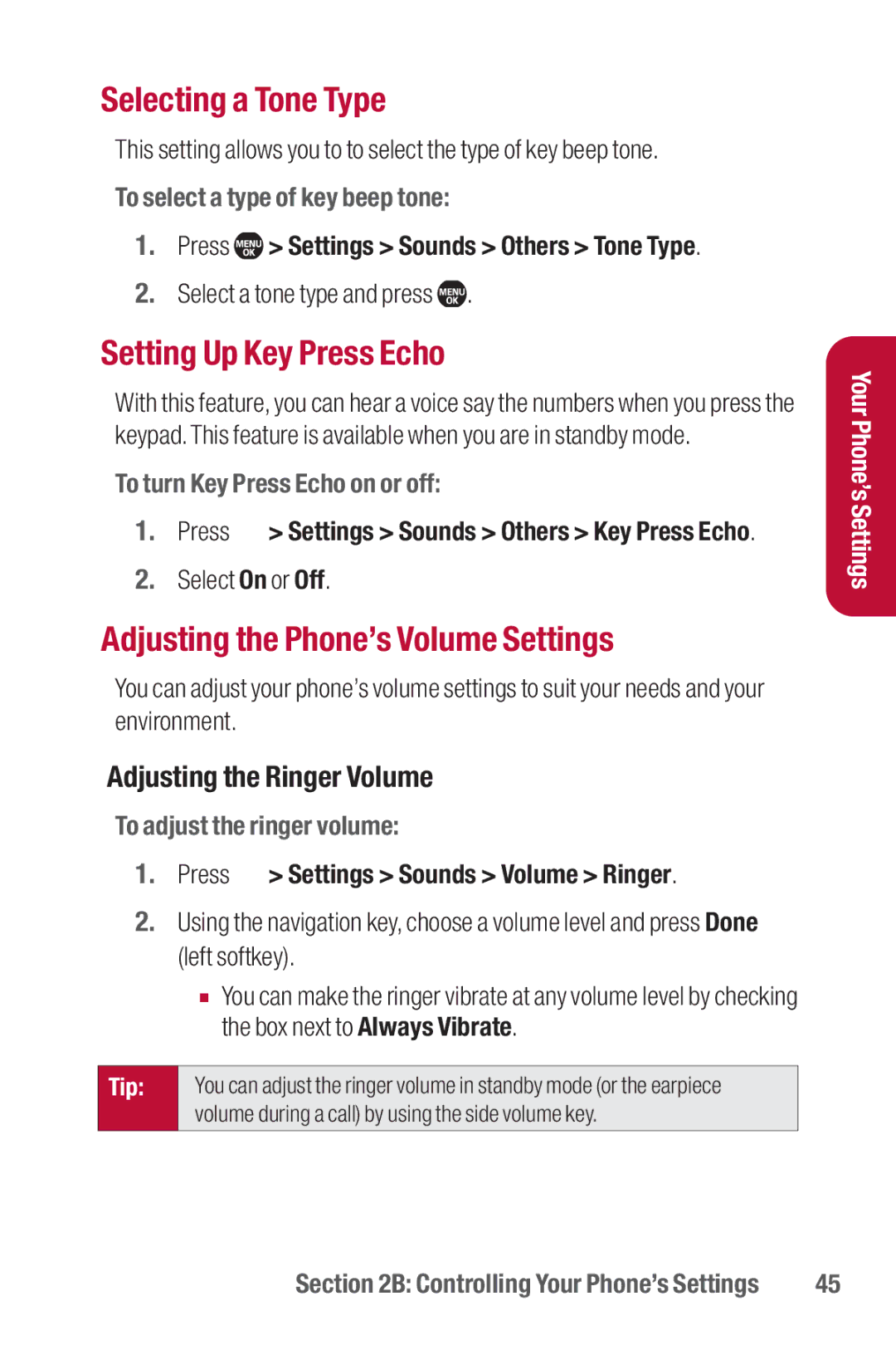 Sanyo II manual Selecting a Tone Type, Setting Up Key Press Echo, Adjusting the Phone’s Volume Settings 