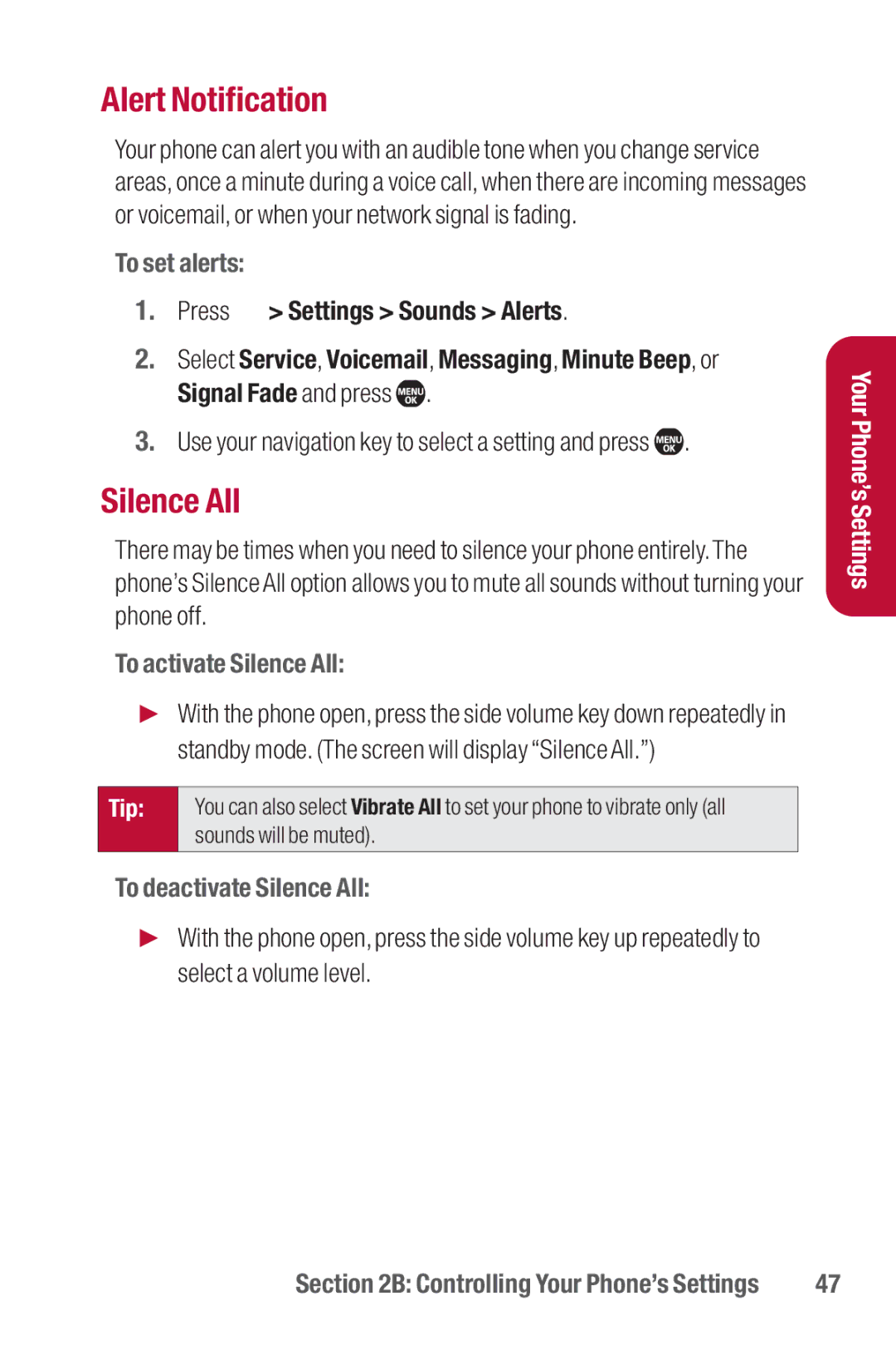 Sanyo II manual Alert Notification, To set alerts, To activate Silence All, To deactivate Silence All 