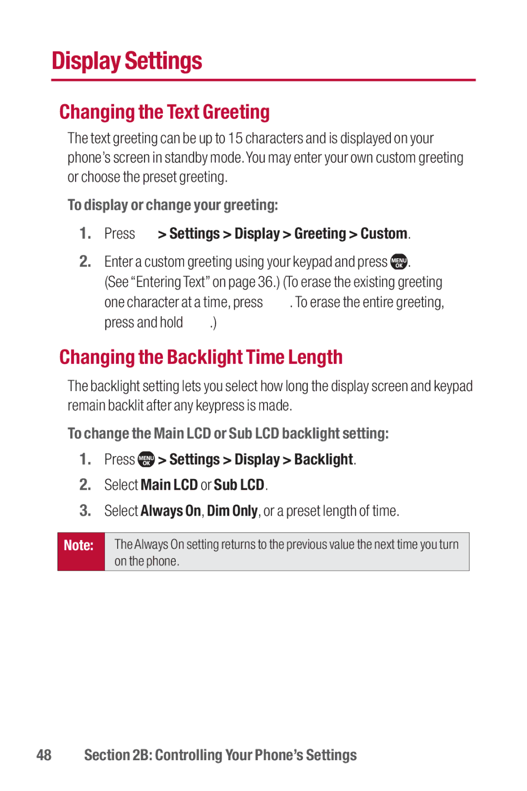 Sanyo II manual Display Settings, Changing the Text Greeting, Changing the Backlight Time Length 