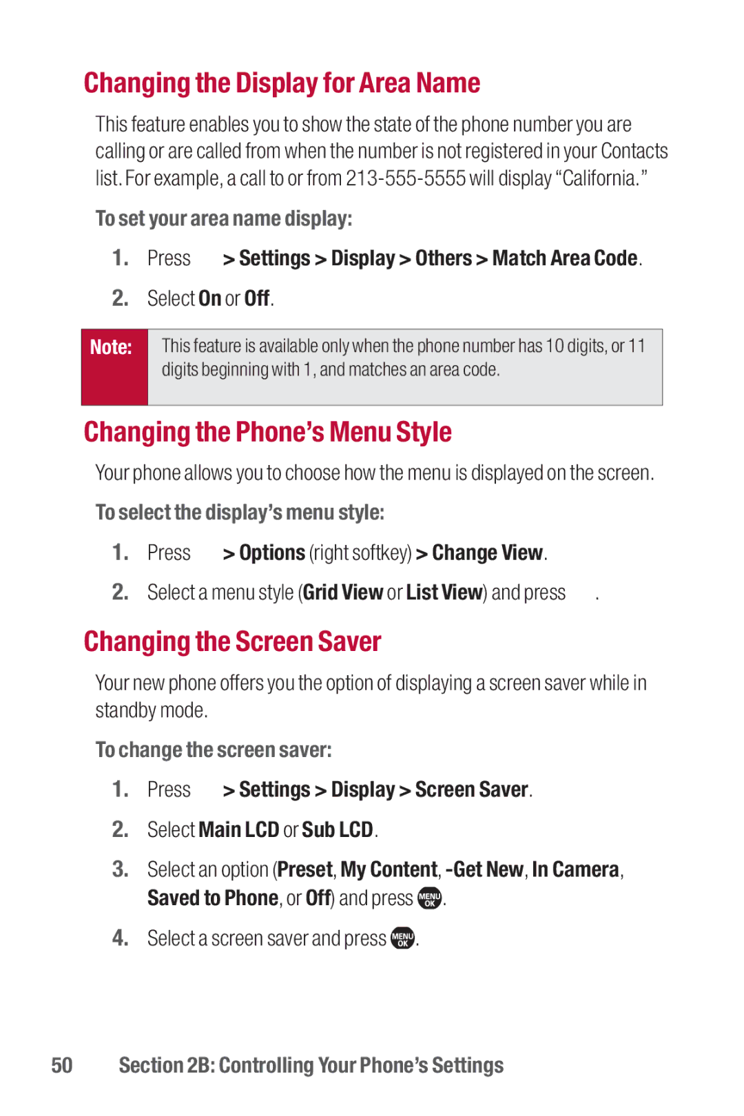 Sanyo II manual Changing the Display for Area Name, Changing the Phone’s Menu Style, Changing the Screen Saver 