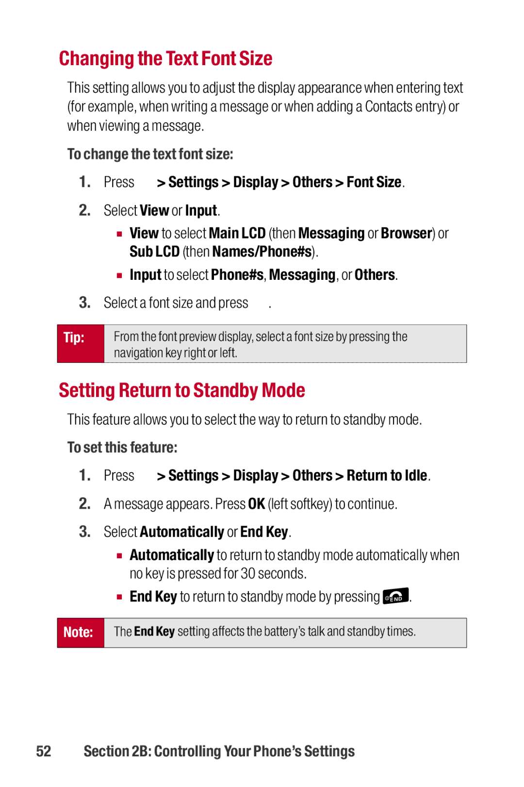 Sanyo II manual Changing the Text Font Size, Setting Return to Standby Mode, To change the text font size 