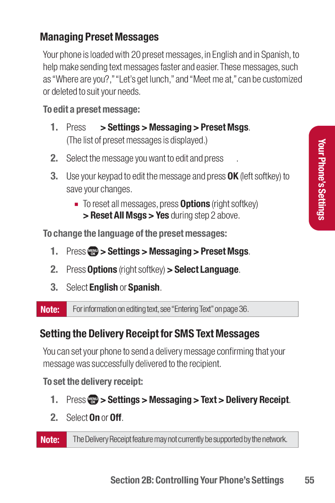 Sanyo II manual Managing Preset Messages, To edit a preset message, To change the language of the preset messages 