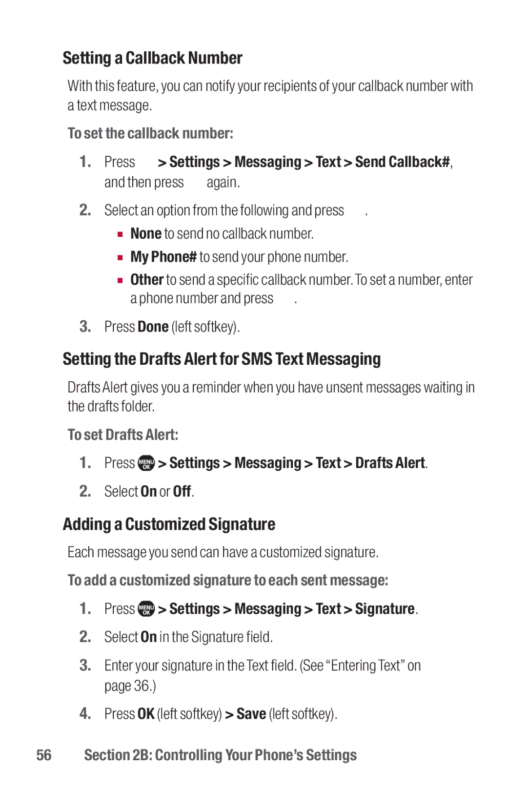 Sanyo II manual Setting a Callback Number, Setting the Drafts Alert for SMS Text Messaging, Adding a Customized Signature 