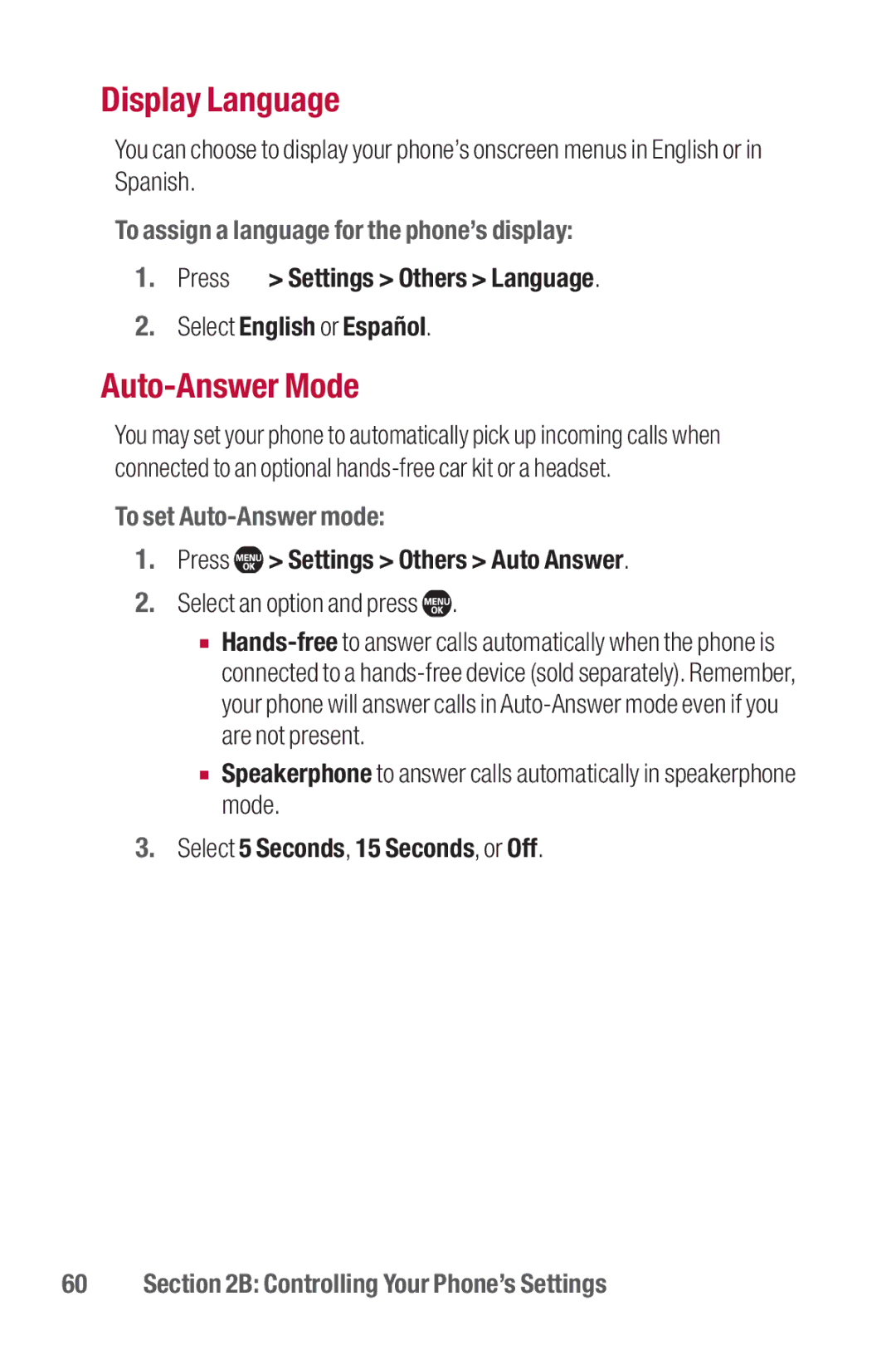 Sanyo II manual Display Language, Auto-Answer Mode, To assign a language for the phone’s display, To set Auto-Answer mode 