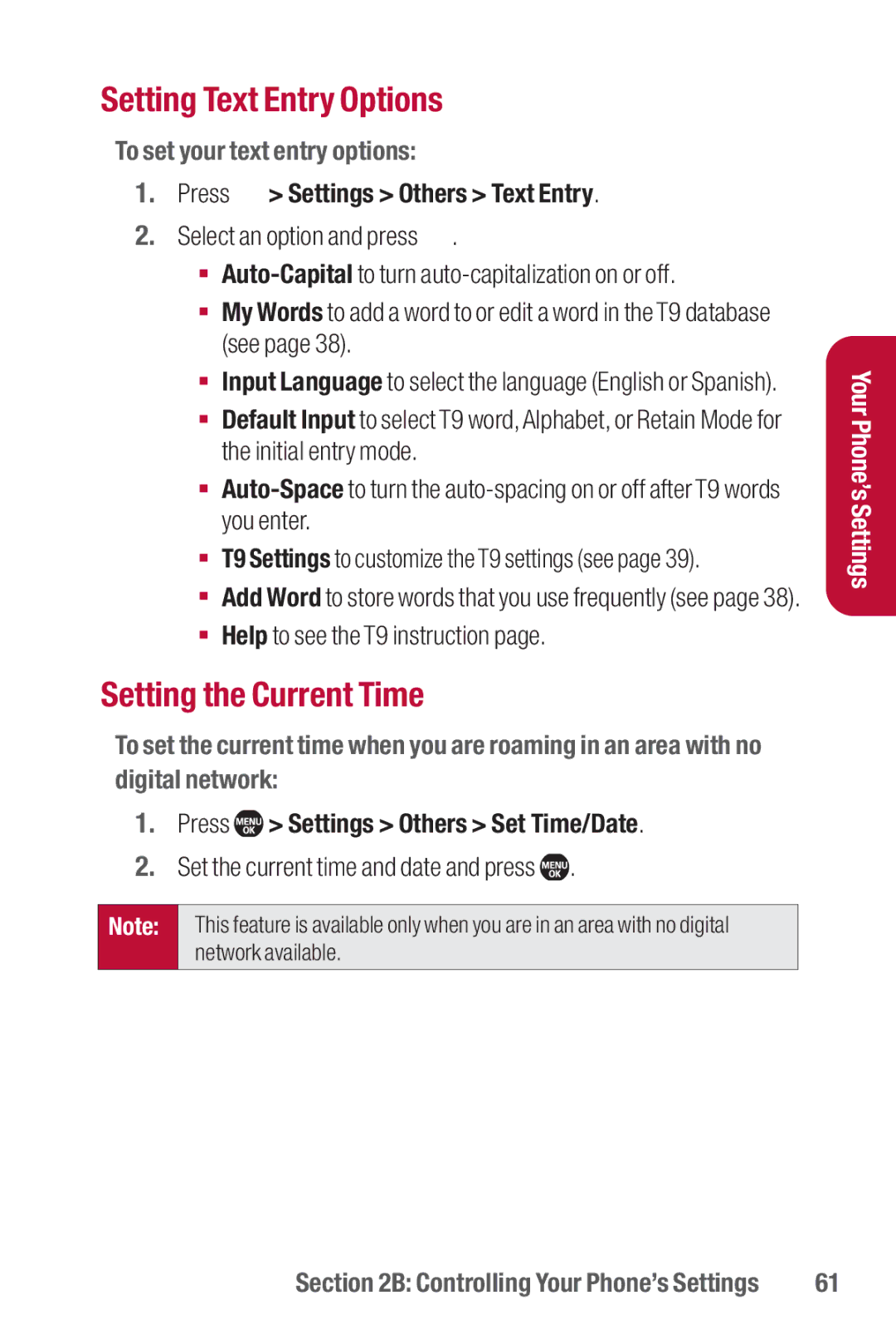 Sanyo II manual Setting Text Entry Options, Setting the Current Time, To set your text entry options 