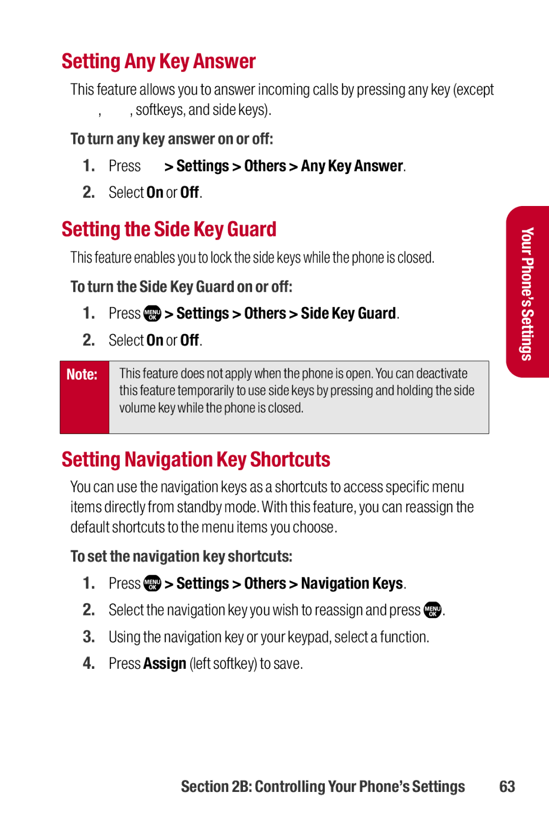 Sanyo II manual Setting Any Key Answer, Setting the Side Key Guard, Setting Navigation Key Shortcuts 