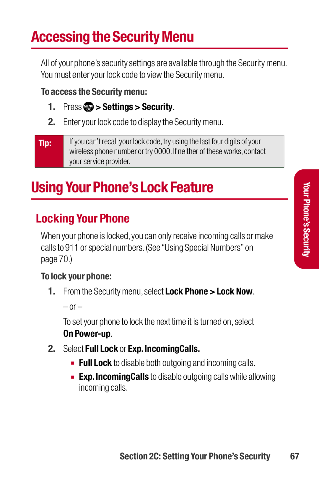 Sanyo II Accessing the Security Menu, Using Your Phone’s Lock Feature, Locking Your Phone, To access the Security menu 