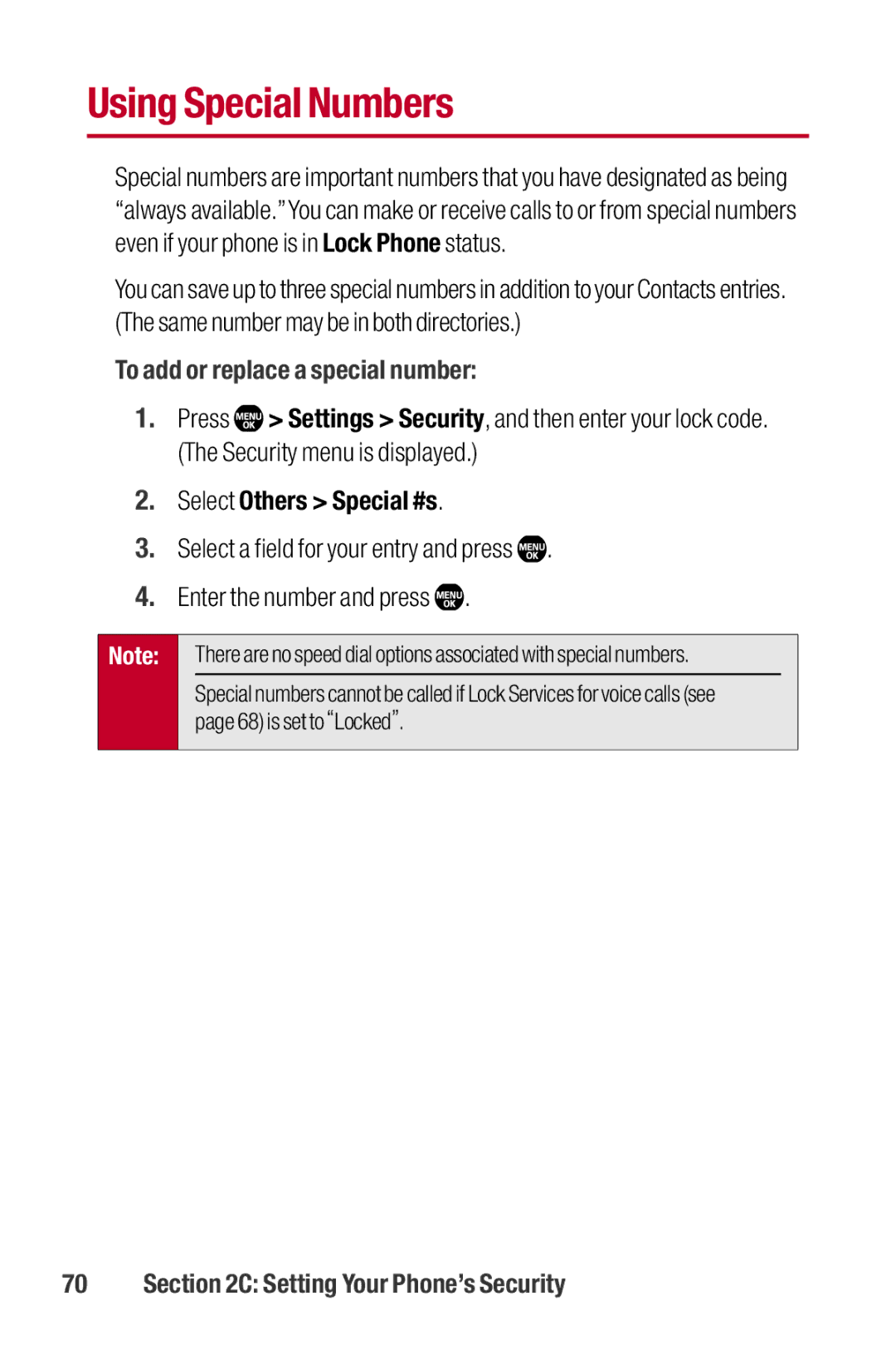 Sanyo II manual Using Special Numbers, To add or replace a special number, Select Others Special #s 