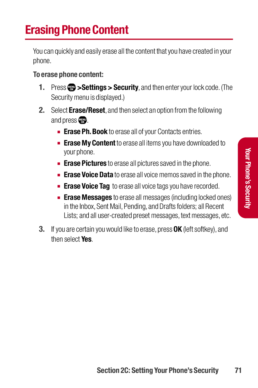 Sanyo II manual Erasing Phone Content, To erase phone content 