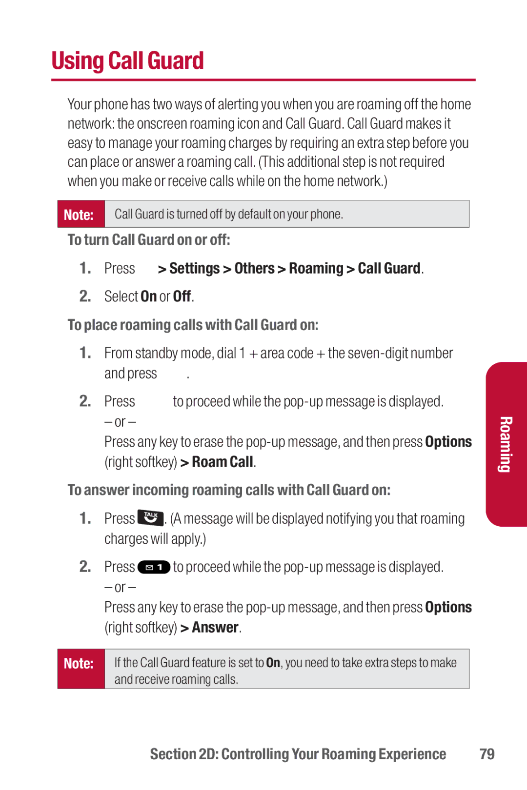 Sanyo II manual Using Call Guard, To turn Call Guard on or off, Press Settings Others Roaming Call Guard 