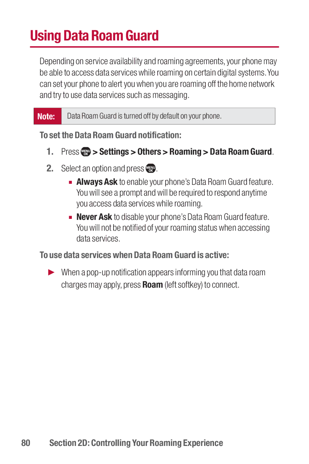 Sanyo II manual Using Data Roam Guard, To set the Data Roam Guard notification 