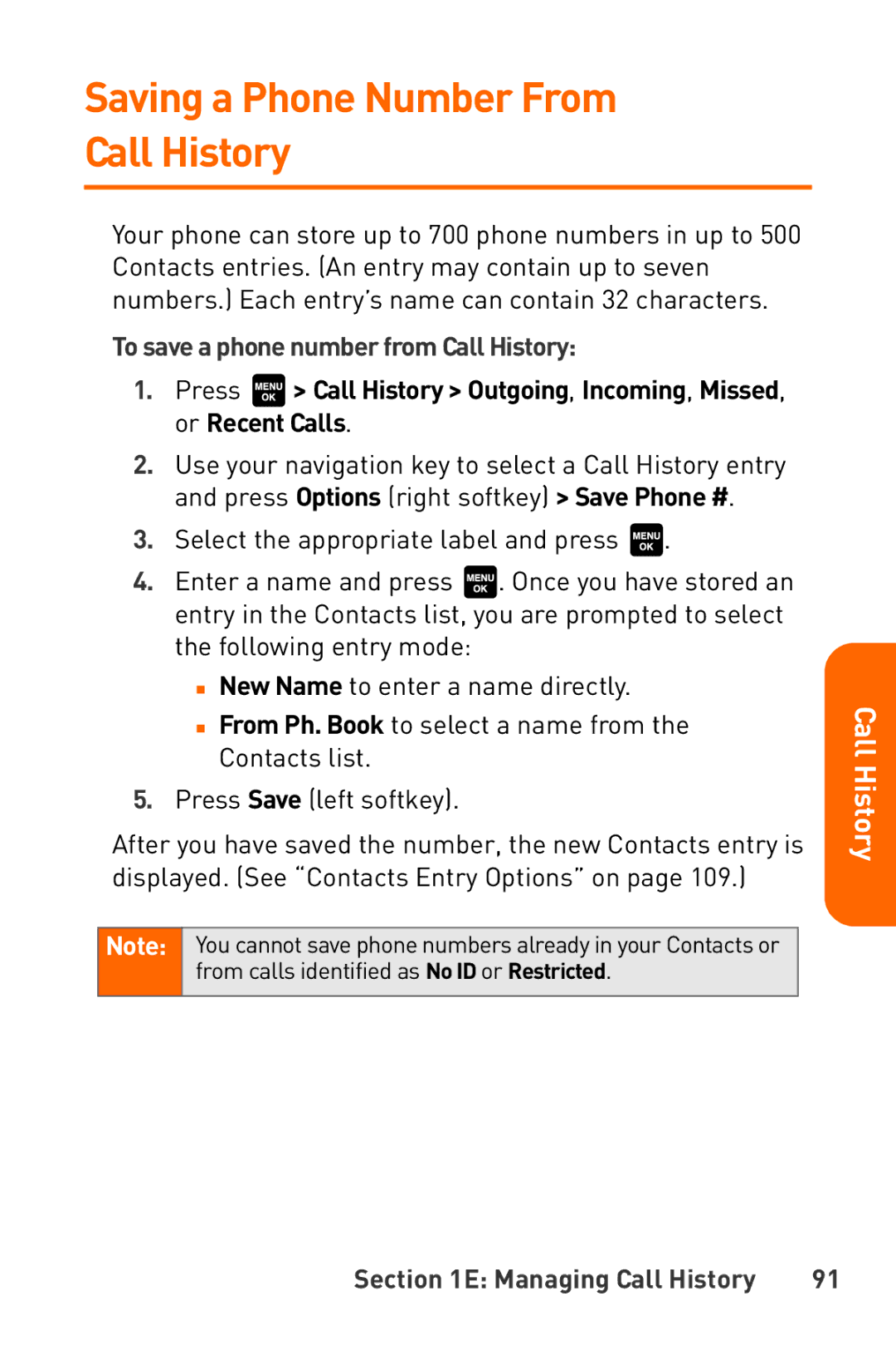 Sanyo Katana manual Saving a Phone Number From Call History, To save a phone number from Call History 