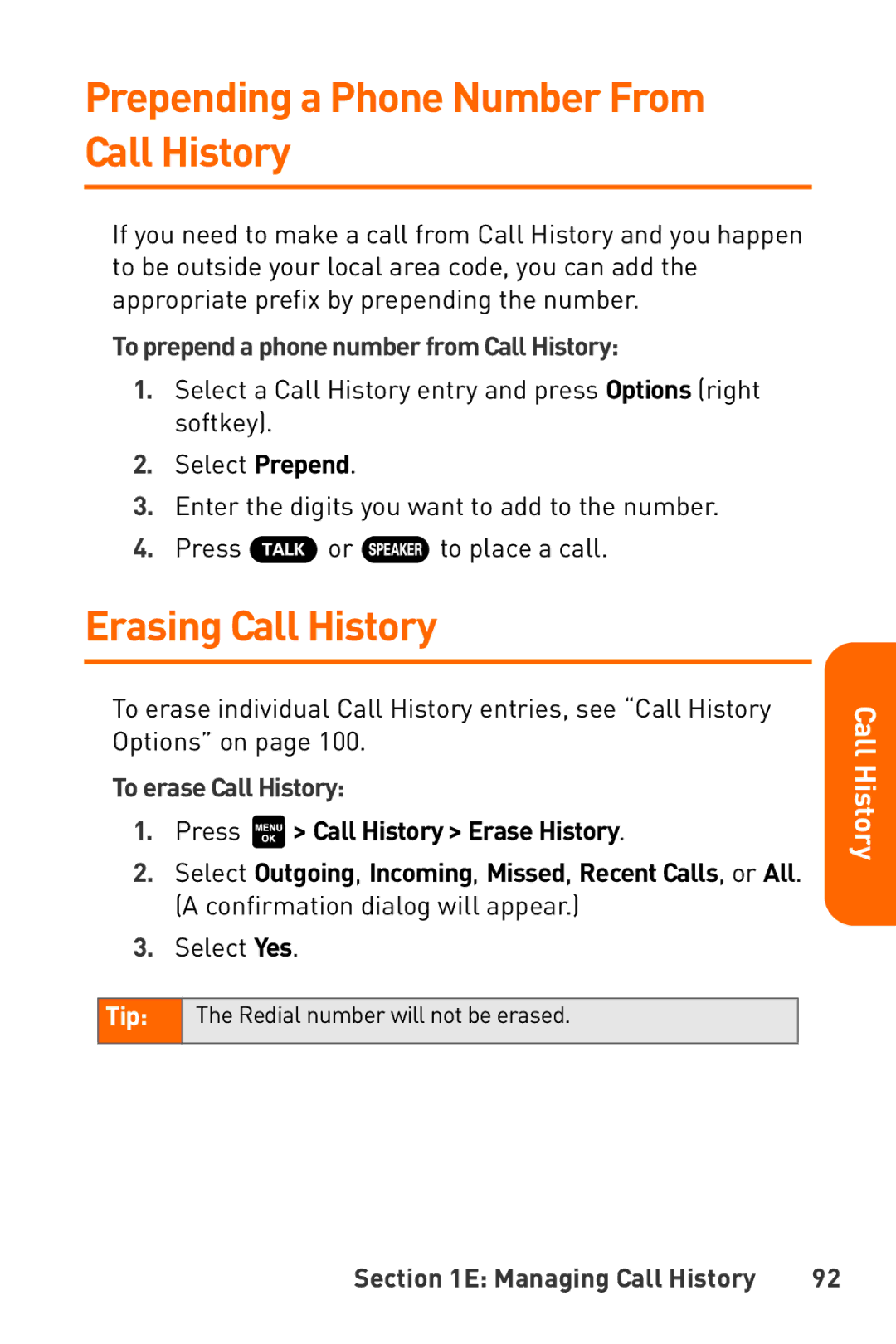 Sanyo Katana manual Prepending a Phone Number From Call History, Erasing Call History, To erase Call History 