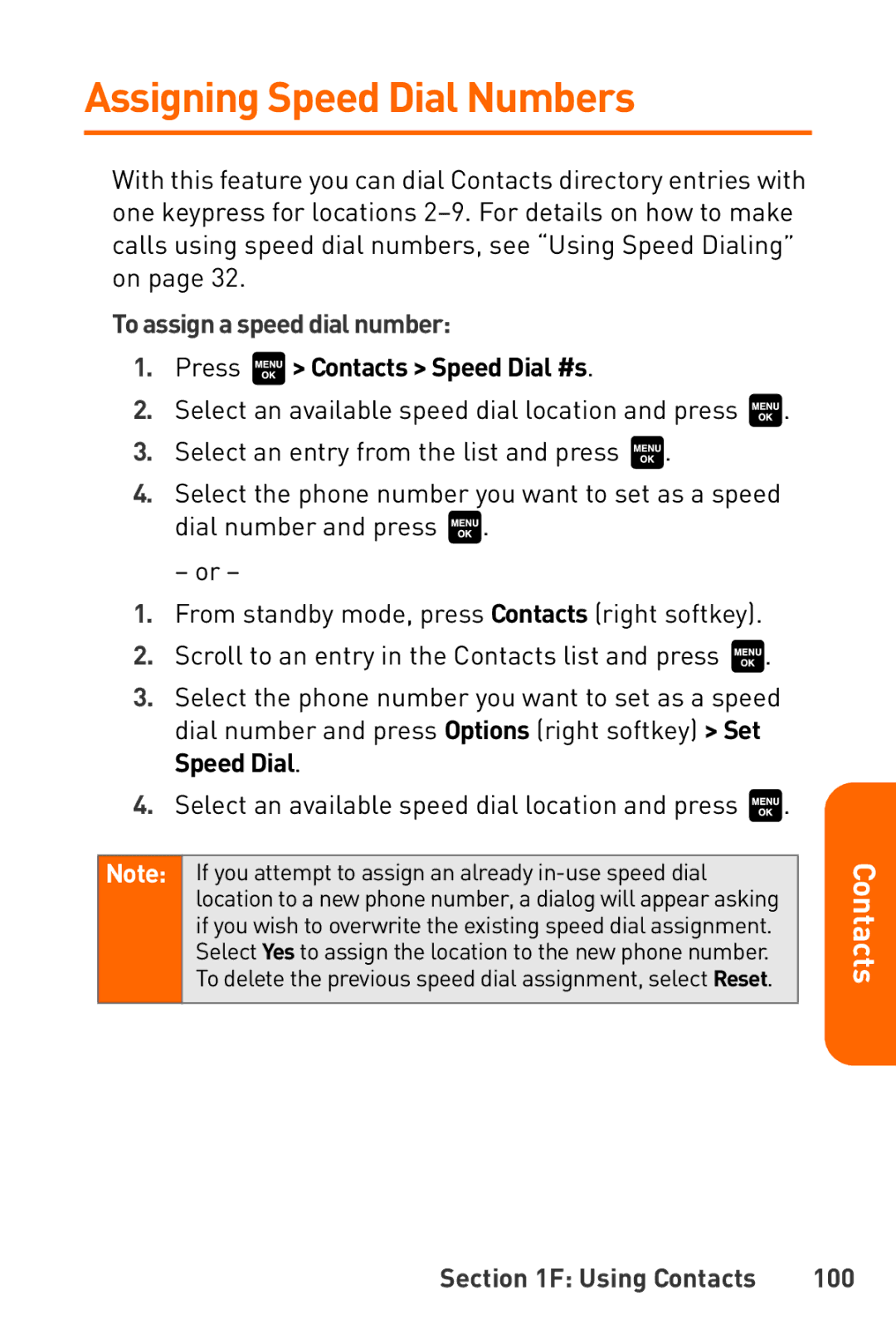 Sanyo Katana Assigning Speed Dial Numbers, To assign a speed dial number, Press Contacts Speed Dial #s, Using Contacts 100 