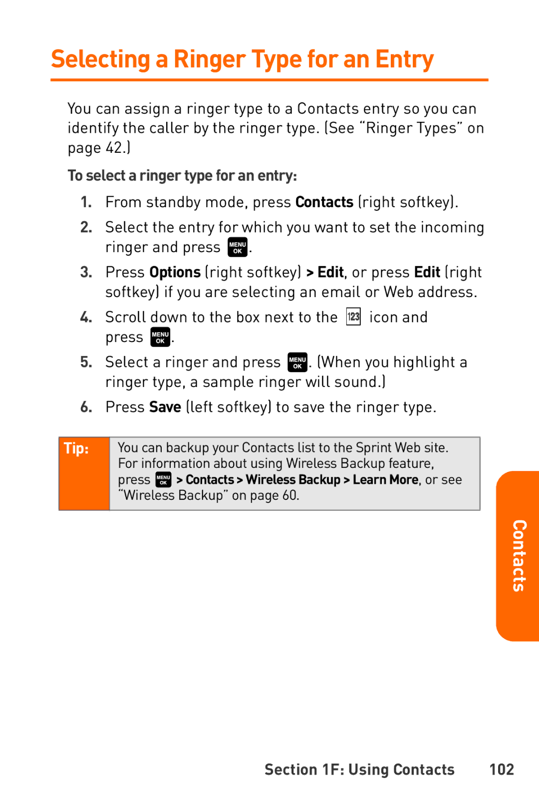 Sanyo Katana manual Selecting a Ringer Type for an Entry, To select a ringer type for an entry, Using Contacts 102 