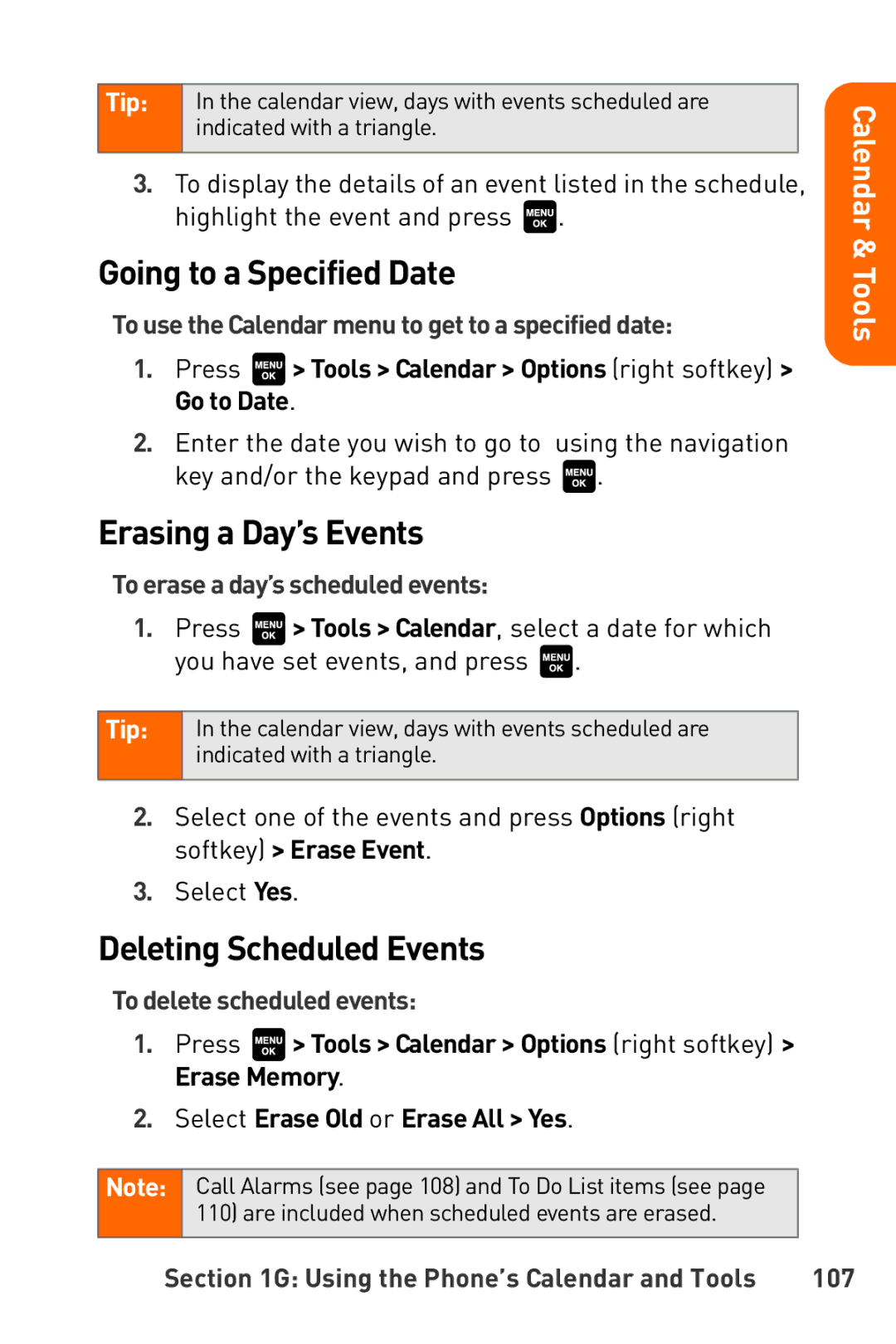 Sanyo Katana manual Going to a Specified Date, Erasing a Day’s Events, Deleting Scheduled Events 