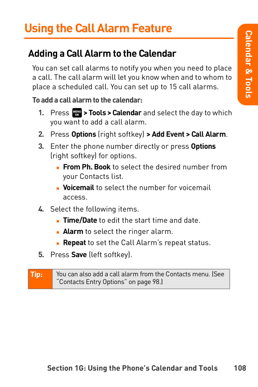 Sanyo Katana Using the Call Alarm Feature, Adding a Call Alarm to the Calendar, To add a call alarm to the calendar, 108 