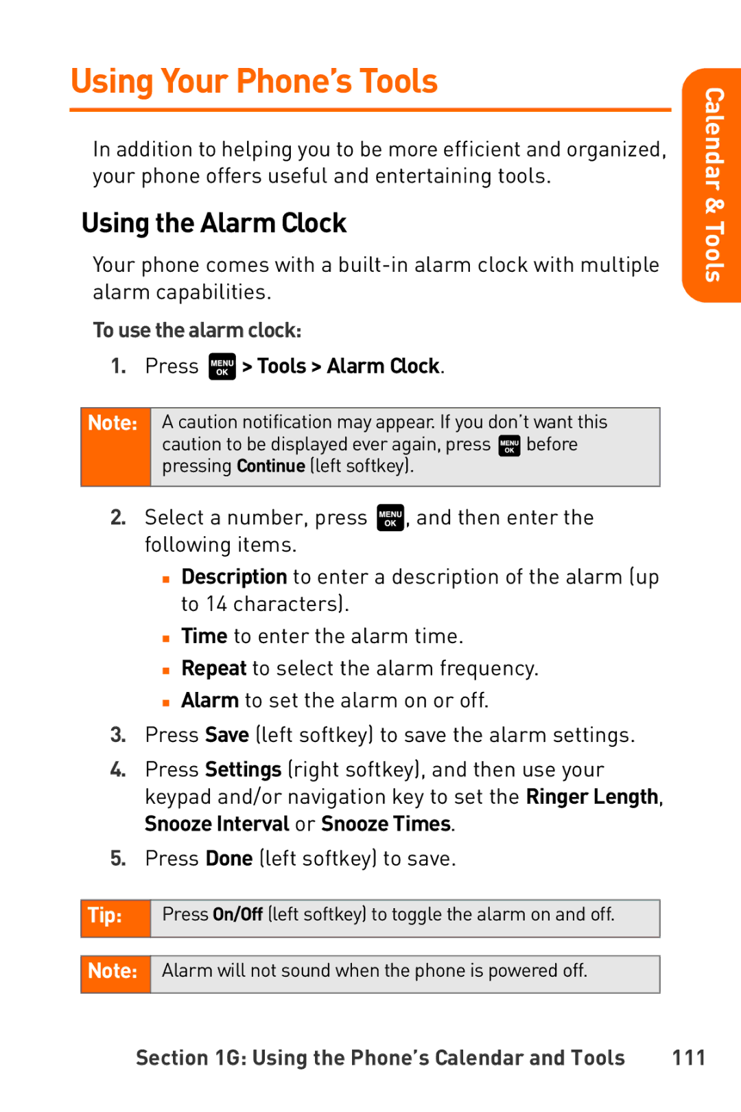 Sanyo Katana manual Using Your Phone’s Tools, Using the Alarm Clock, To use the alarm clock, Press Tools Alarm Clock, 111 