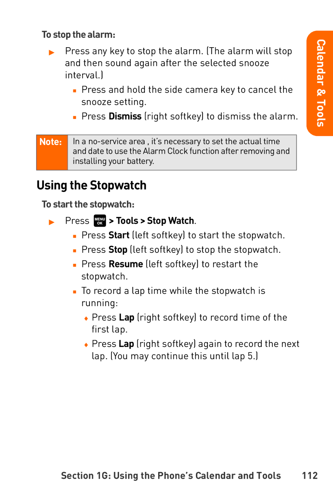 Sanyo Katana manual Using the Stopwatch, To stop the alarm, To start the stopwatch, Press Tools Stop Watch, 112 