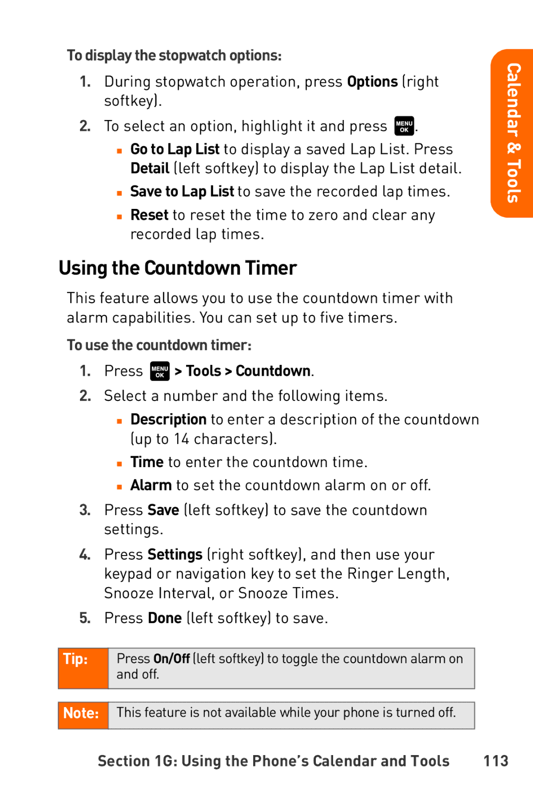 Sanyo Katana manual Using the Countdown Timer, To display the stopwatch options, To use the countdown timer, 113 