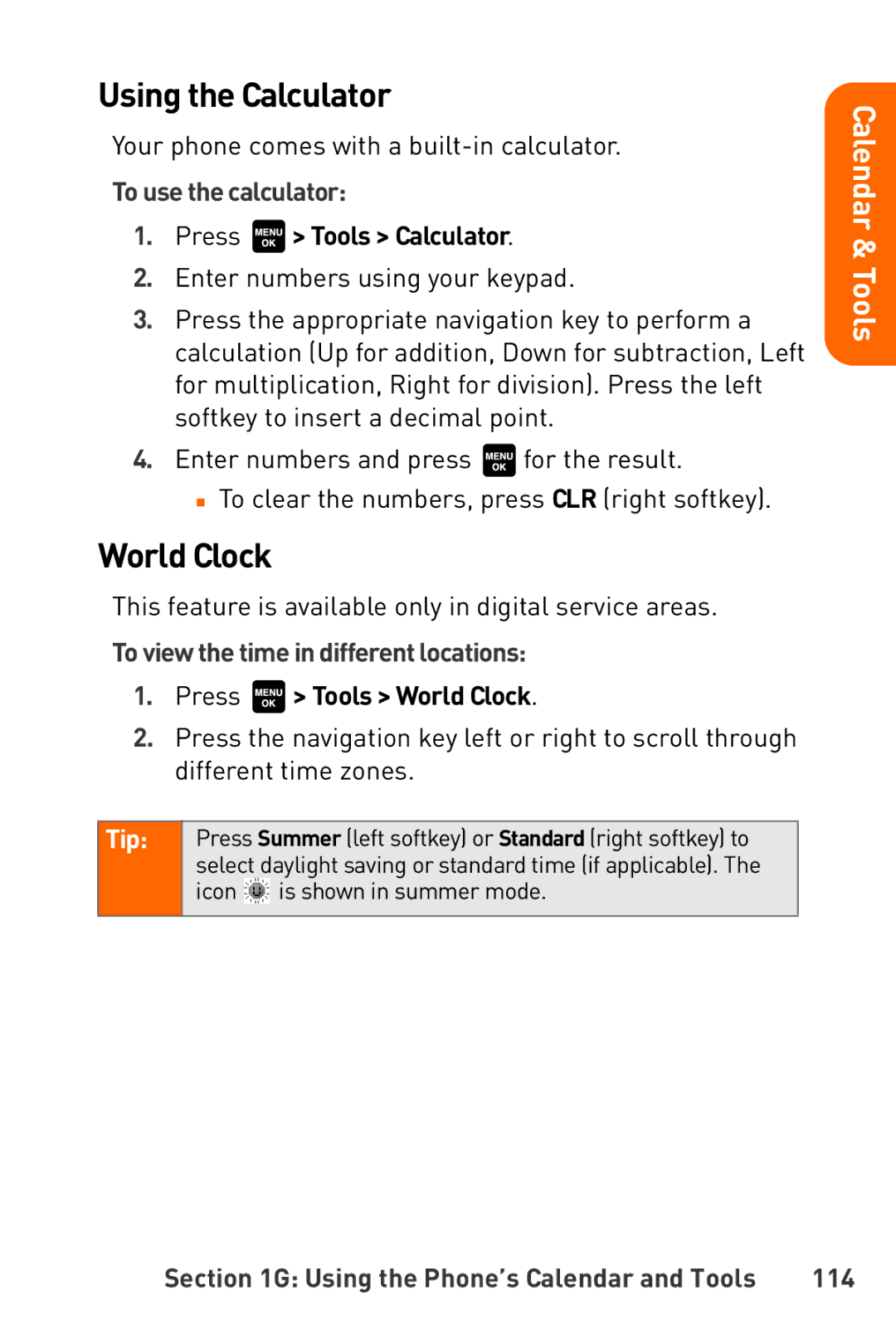 Sanyo Katana manual Using the Calculator, World Clock, To use the calculator, To view the time in different locations, 114 