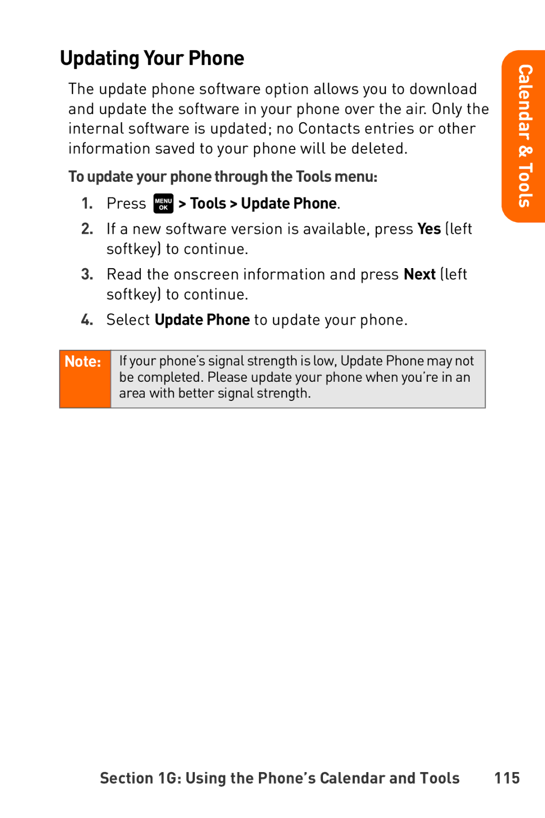 Sanyo Katana manual Updating Your Phone, To update your phone through the Tools menu, Press Tools Update Phone, 115 