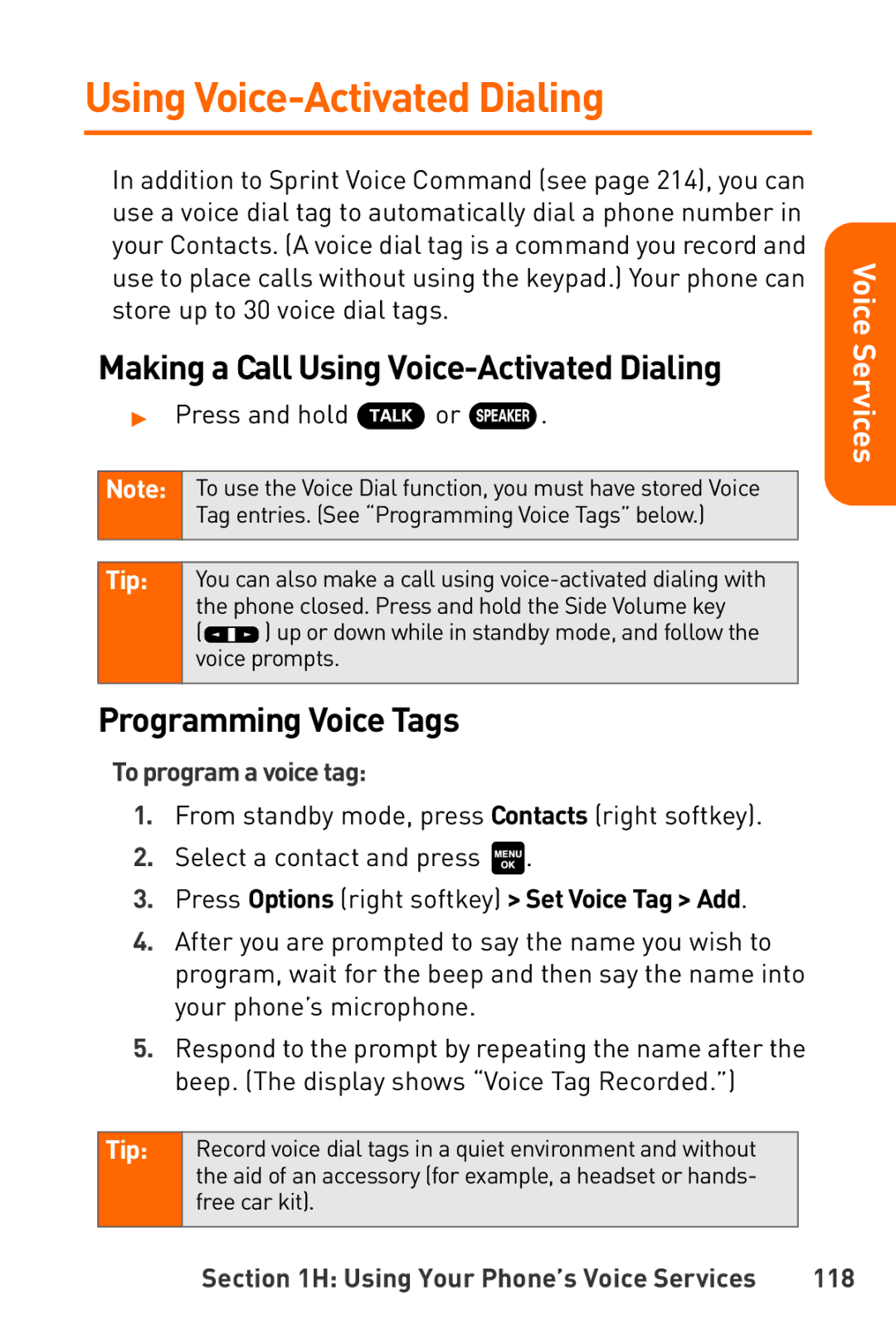 Sanyo Katana manual Making a Call Using Voice-Activated Dialing, Programming Voice Tags, To program a voice tag, 118 