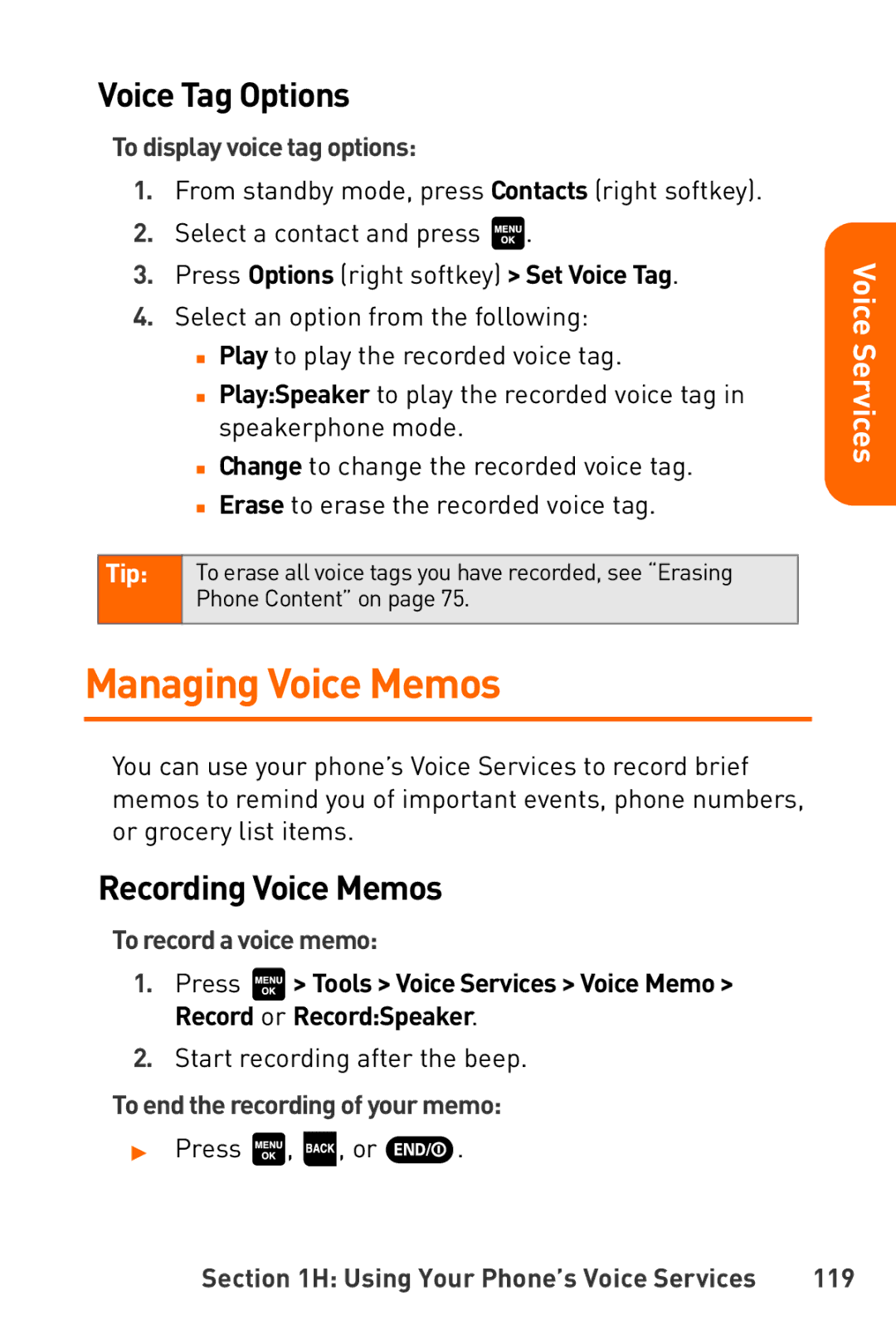 Sanyo Katana manual Managing Voice Memos, Voice Tag Options, Recording Voice Memos 