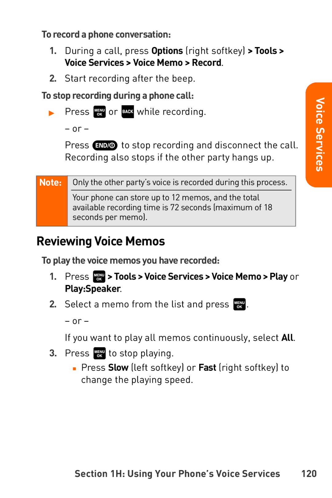 Sanyo Katana manual Reviewing Voice Memos, To record a phone conversation, To stop recording during a phone call, 120 