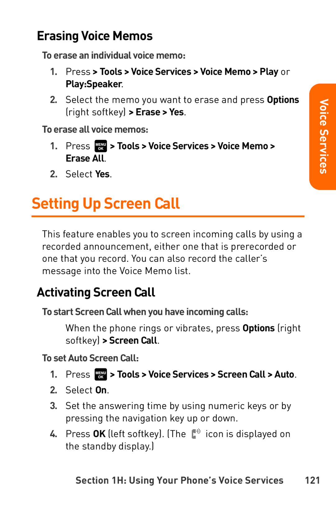 Sanyo Katana manual Setting Up Screen Call, Erasing Voice Memos, Activating Screen Call 