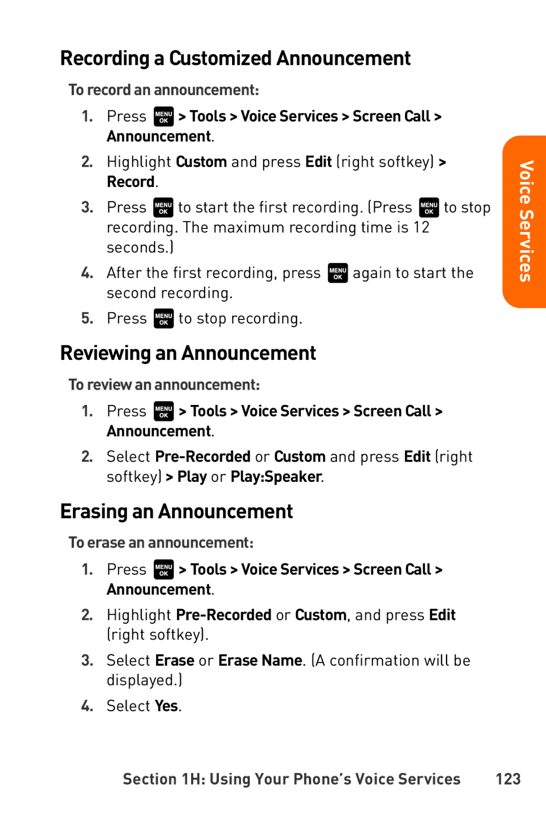 Sanyo Katana manual Recording a Customized Announcement, Reviewing an Announcement, Erasing an Announcement 