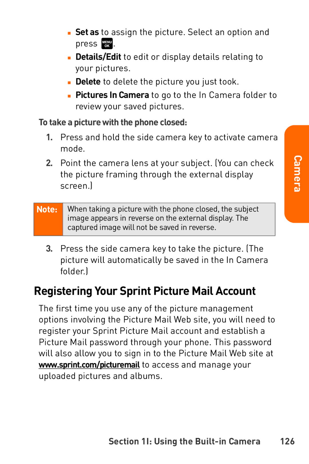 Sanyo Katana manual Registering Your Sprint Picture Mail Account, To take a picture with the phone closed 