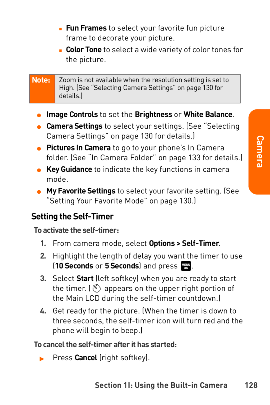 Sanyo Katana Setting the Self-Timer, Image Controls to set the Brightness or White Balance, To activate the self-timer 