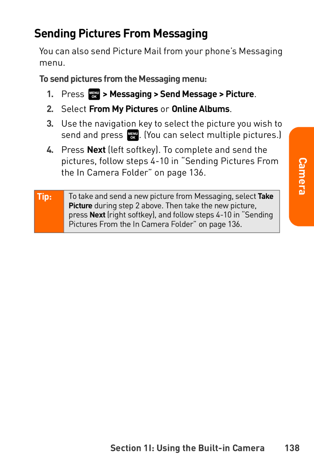 Sanyo Katana Sending Pictures From Messaging, To send pictures from the Messaging menu, Using the Built-in Camera 138 